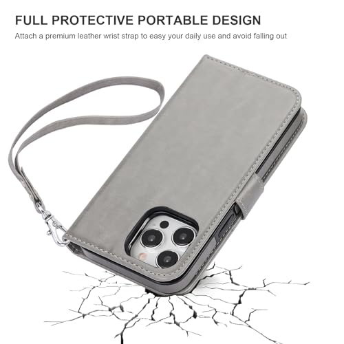 Bocasal Detachable Wallet Case Card Holder for iPhone 15 Pro Max Grey | RFID Blocking Kickstand Card Slots Holder PU Leather Magnetic Shockproof Wrist Strap Removable Flip Protective Cover 6.7 inch - color: Gray
