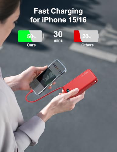 Portable Charger Power Bank 20000mAh with Built in Cables & Wall Plug - color: Red