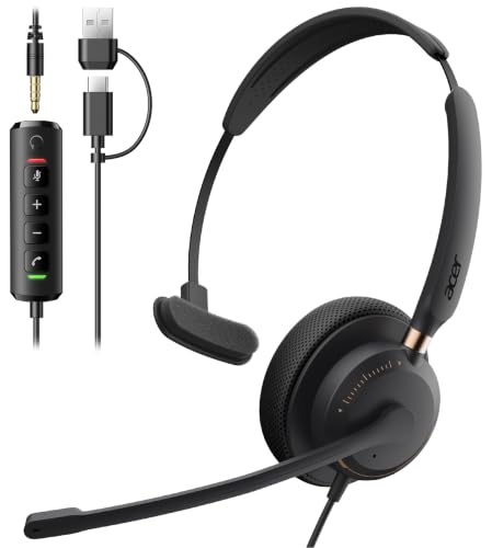 Acer USB Headset with Microphone, Clear Sound Quality for Call ＆ Meetings, Wired Computer Headset for PC Laptop, Single Ear Headset for Office, Work, Teams and Call Center Use - USB-A/C & 3.5mm