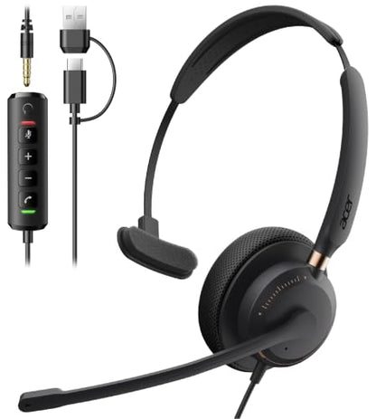 Acer USB Headset with Microphone, Clear Sound Quality for Call ＆ Meetings, Wired Computer Headset for PC Laptop, Single Ear Headset for Office, Work, Teams and Call Center Use - USB-A/C & 3.5mm