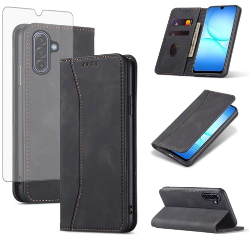 Asuwish Flip Wallet Phone Case for Samsung Galaxy A17 5G with Tempered Glass Screen Protector Magnetic Closure Folio Cover Credit Card Holder Slot Stand Cell Accessories A 17 17A 4G Women Men Black - color: Black