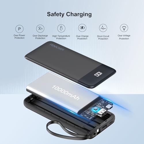 Portable Charger Built-in Cables,10000mAh Fast Charge Power Bank for iPhone - color: Black