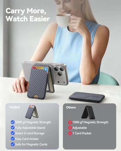 TWZKG for MagSafe Wallet, 5 Cards Holder with Stand, Magnetic Phone Wallet Stand for iPhone 17/16/15/14/13/12 Pro Max Air Plus Series, RFID Blocking Vegan Leather,Carbon Fiber - color: Carbon Fiber