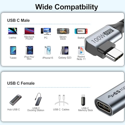 Small USB C Extension Cable 1FT, Right Angle(100W/10Gbps/4K@60Hz) - size: 1FT