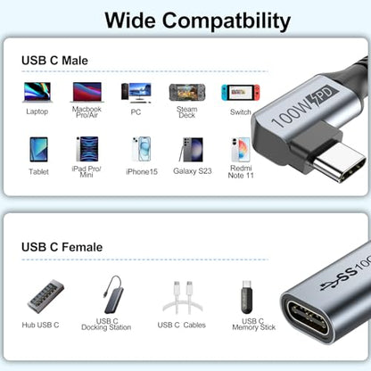 Small USB C Extension Cable 1FT, Right Angle(100W/10Gbps/4K@60Hz) - size: 1FT