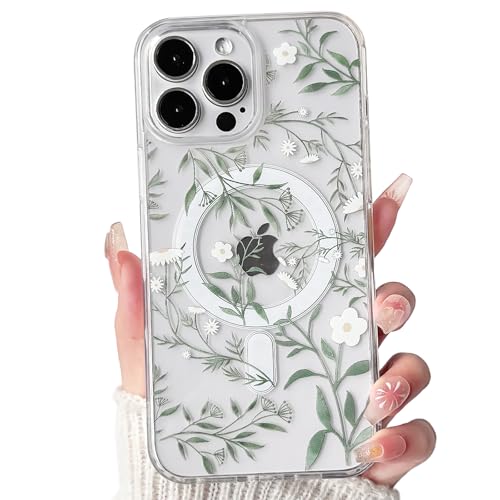 Lovmooful Magnetic for iPhone 15 Pro Case Cute Flower-Green Leaves | Compatible for MagSafe,Clear Floral,with Aesthetic Design,for Girls Women,Soft TPU+PC,Shockproof,Protective,Girly - color: Green Leaves, size: iPhone 15 Pro