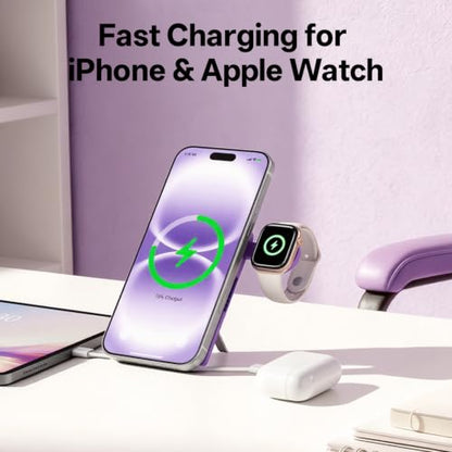 Q Magnetic Wireless Portable Charger 10,000mAh, Travel Essentials Power Bank with Built-in Cables & Foldable Stand, External Battery Pack Compatible with iPhone 17/16/15/14/13/12, Apple Watch - color: Purple
