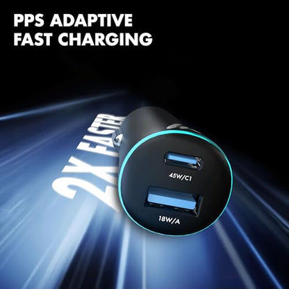 PD 45W superfast Wozoyo Charging 2.0 Car Charger with Type C & USB A,Power Delivery, PPS & QC 3.0, Dual Port (45W + 18W), 12V–24V Compatible, Multi-Layer Protection, 2-Years Manufacturer Warranty