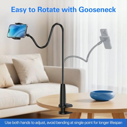 MAGIPEA Gooseneck Phone Holder for Bed, 30in Flexible Overhead Cell Phone Mount for Desk, Hands-Free Viewing Clamp Stand Compatible with iPhone 17 16 15 Pro Max and 3.5-7" Devices - color: Black