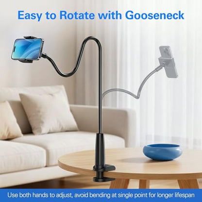 MAGIPEA Gooseneck Phone Holder for Bed, 30in Flexible Overhead Cell Phone Mount for Desk, Hands-Free Viewing Clamp Stand Compatible with iPhone 17 16 15 Pro Max and 3.5-7" Devices - color: Black
