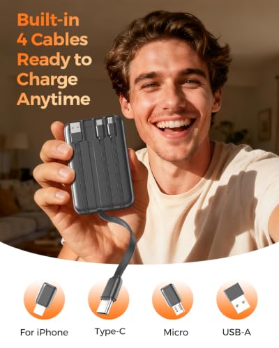 Portable Charger 10000mAh with 4 Built-in Cables 40% Smaller (Ebony)