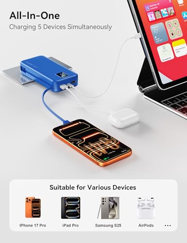Portable Charger 20000mAh 22.5W w/Built-in Cable & Wall Plug Navy - color: Indigo