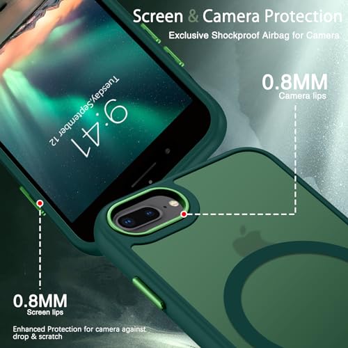 DUEDUE for iPhone 8 Plus Case, iPhone 7 Plus Case Magnetic[Compatible with Magsafe], Translucent Matte Back Protective Cover Anti-Scratch Shockproof Phone Case for iPhone 8 Plus/7 Plus, Green - color: Green
