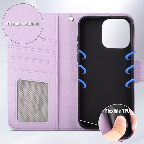 Arae Compatible with iPhone 15 Pro Max Case with Card Holder and Wrist Strap Wallet Flip Cover for iPhone 15 Pro Max 6.7 inch Men RFID Blocking Wristlet Kickstand,Litchi Lavander - color: Litchi Lavander, size: iPhone 15 Pro Max 6.7 inch