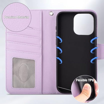 Arae Compatible with iPhone 15 Pro Max Case with Card Holder and Wrist Strap Wallet Flip Cover for iPhone 15 Pro Max 6.7 inch Men RFID Blocking Wristlet Kickstand,Litchi Lavander - color: Litchi Lavander, size: iPhone 15 Pro Max 6.7 inch