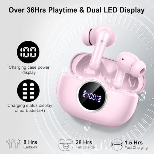 Bluetooth 5.4 Earbuds, 2026 Wireless Headphones 3D-Stereo Deep Bass Ear Bud, 4 ENC Noise Cancelling Mic, 40+Hrs USB-C Earphones, IP-X7 Waterproof Headset Sport Gym Workout for Laptop Pad Android iOS - color: C-Pink