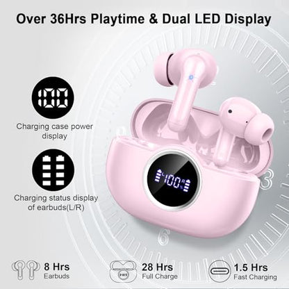 Bluetooth 5.4 Earbuds, 2026 Wireless Headphones 3D-Stereo Deep Bass Ear Bud, 4 ENC Noise Cancelling Mic, 40+Hrs USB-C Earphones, IP-X7 Waterproof Headset Sport Gym Workout for Laptop Pad Android iOS - color: C-Pink