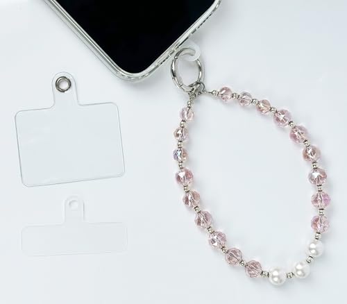 Sparkle Crystal Pearl Phone Wrist Strap for Women, Sparkling Beaded Cellphone Lanyard Chain - color: Pink