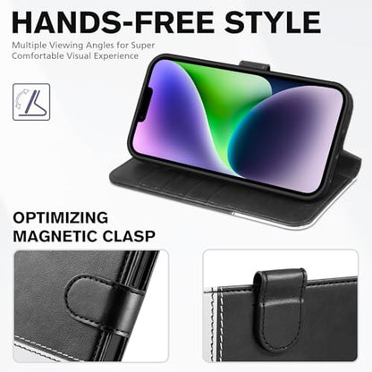 TUCCH Case Wallet for iPhone 14 (6.1"), RFID Blocking Folio, Black & White | 4 Card Holders, Kickstand, PU Leather, Magnetic Closure, Shockproof TPU Shell, Protective Flip Cover - color: Black & White