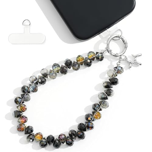 richginker Crystal Beaded Phone Wrist Strap with Tether Tab, Black - color: Black