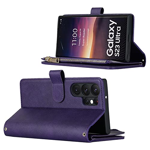 iCoverCase for Samsung Galaxy S23 Ultra Wallet Case with Card Holder, Kickstand Feature PU Leather Case with Adjustable Crossbody Lanyard Magnetic Clasp Zipper Pocket Flip Cover (Purple) - color: Purple, size: Galaxy S23 Ultra