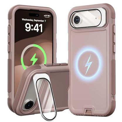 Follaroma Magnetic for iPhone 17 Air Case with Camera Stand, Light Brown | Built-in Glass Camera Cover,Compatible with MagSafe,Heavy Duty Shockproof Protective,Military-Grade Anti-DropDual Layer Cover - color: Brown Pink, size: iPhone 17 Air 6.5''