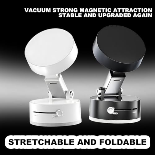 Vacuum Suction Magnetic Car Phone Holder, Rotatable Foldable Vehicle Smartphone Mount for Windshield Smooth Surface, Adjustable Automotive Cellphone Stand, Universal Fit (White)