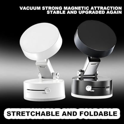 Vacuum Suction Magnetic Car Phone Holder, Rotatable Foldable Vehicle Smartphone Mount for Windshield Smooth Surface, Adjustable Automotive Cellphone Stand, Universal Fit (White)