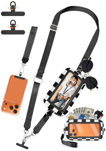 takyu Phone Strap Crossbody with Detachable RFID Wallet - color: Black White Checkered