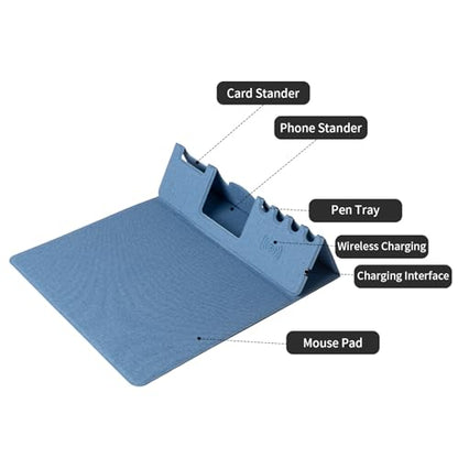 Mouse Pad with Phone Holder & Pen Holders, Wireless Charging Desk Mat, Mousepad Home Office Desk Pad with Ultra-Smooth Surface, Non-Slip Base, Waterproof Keyboard Pad, Classic Blue Desk Mat - color: Blue