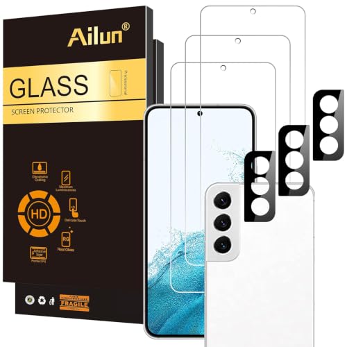 Ailun Tempered Glass Screen Protector for Galaxy S22 - 3 Pack Screen Protectors + 3 Pack Camera Lens Protectors - Fingerprint Unlock Compatible, Clear Case Friendly - color: Transparent, size: S22 6.1 inches