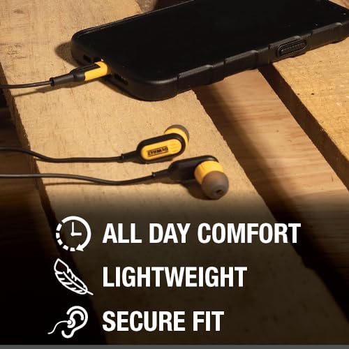 DEWALT Heavy Duty Earphones for Lightning, Compatible w/Apple iPhone Headphones Wired, Jobsite Water-Resistant for iPhone Headphones Wired Lightning, Corded Earphones for iPhones 14 and Older