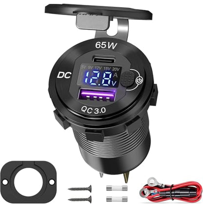12V USB C Outlet 65W PD+QC 3.0 Waterproof Voltmeter Switch Aluminum Marine - color: pack of one