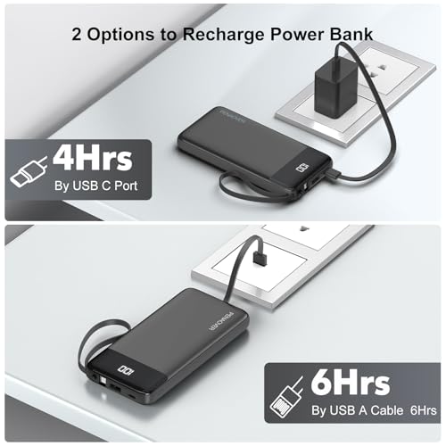 Portable Charger Built-in Cables,10000mAh Fast Charge Power Bank for iPhone - color: Black