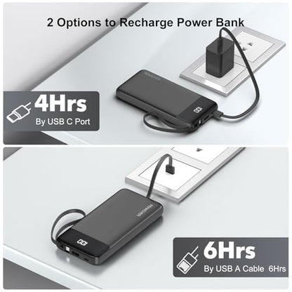 Portable Charger Built-in Cables,10000mAh Fast Charge Power Bank for iPhone - color: Black