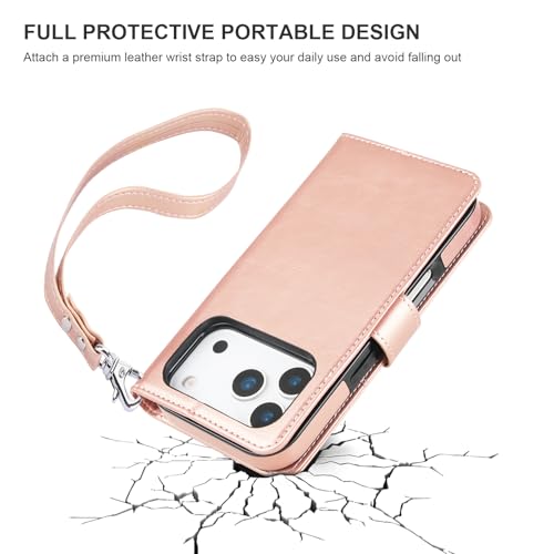 Bocasal Detachable Wallet Case Card Holder for iPhone 17 Pro, Rose Gold | RFID Blocking Kickstand Card Slots Holder PU Leather Magnetic Shockproof Wrist Strap Removable Flip Protective Cover 6.3 inch - color: Rose Gold