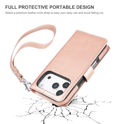 Bocasal Detachable Wallet Case Card Holder for iPhone 17 Pro, Rose Gold | RFID Blocking Kickstand Card Slots Holder PU Leather Magnetic Shockproof Wrist Strap Removable Flip Protective Cover 6.3 inch - color: Rose Gold