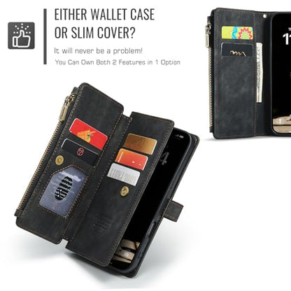 Compatible with iPhone 17 Pro Wallet Case with Card Holder Kickstand Magnetic Zipper Pocket Lanyard Strap Wristlet,Leather Flip Case Wallet for iPhone 17 Pro 6.3 Inch (Black) - color: Black, size: iPhone 17 Pro 6.3 Inch
