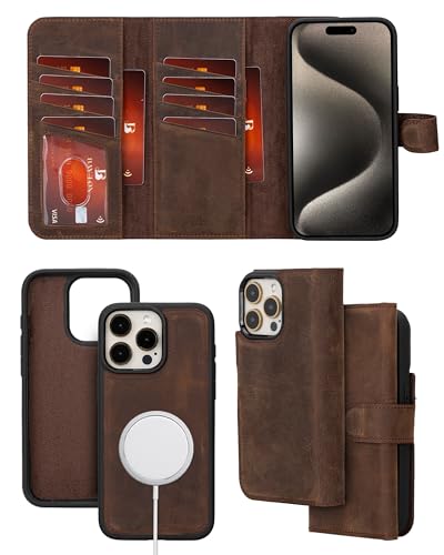Bayelon Wallet Case for iPhone 15 Pro Max, Trifold Leather Wallet, Detachable Magnetic Flip Folio Cover, Card Holder, iPhone 15 Pro Max Wallet Case, MagSafe Compatible, RFID Blocking (Dark Brown) - color: Dark Brown, size: iPhone 15 Pro Max