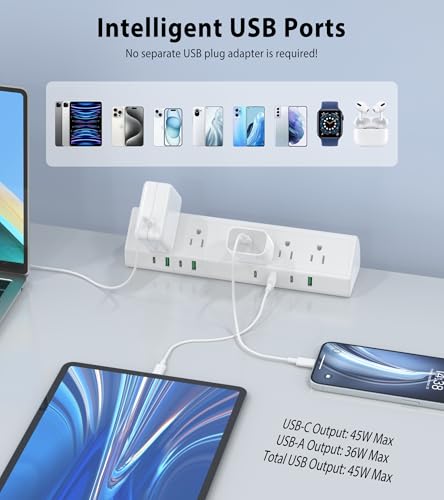 Jgstkcity Desk Clamp Power Strip USB C 45W,1200J Surge Protector - color: White, size: 6 FT