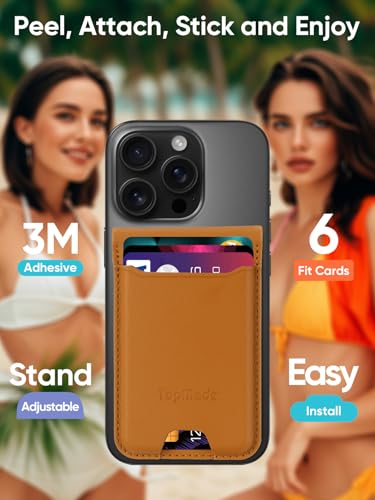 TopMade Phone Card Holder, Leather Phone Wallet Stick on with Stand, Open ID Window, Strongest 3M Adhesive Credit Card Holder for Back of Phone Case, iPhone, Samsung, and Android, Fit 6 Cards, Brown - color: Brown