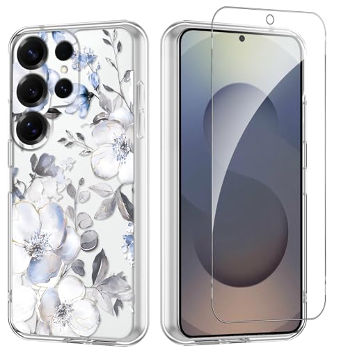 Flower Phone Case Floral for Samsung Galaxy S25 Ultra 5G 6,9'' with Screen Protector, Clear Transparent Phone Cover Slim Soft Shockproof Anti-Scratch Protection Funda for Girls Women, 04 - color: Flower 04, size: Samsung Galaxy S25 Ultra 5G