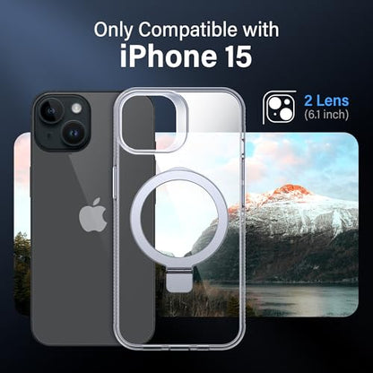 Magnetic Case for iPhone 15 - [Built-in Invisible Stand] [Compatible with MagSafe] [Military Grade Drop Protection] Anti-Yellowing Hard Back Silicone Edge Cover, 6.1", Clear - color: Clear, size: iPhone 15 6.1''