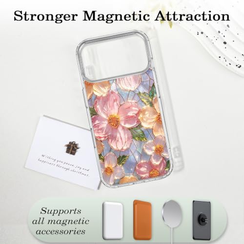 for iPhone 17 Pro Max Magnetic Case【Compatible with MagSafe】 Aesthetic Oil Painting Stained Glass Flower Design, Slim Fit Hard PC Back Shockproof Cute Clear Phone Cover, Pink - color: Pink, size: iPhone 17 Pro Max