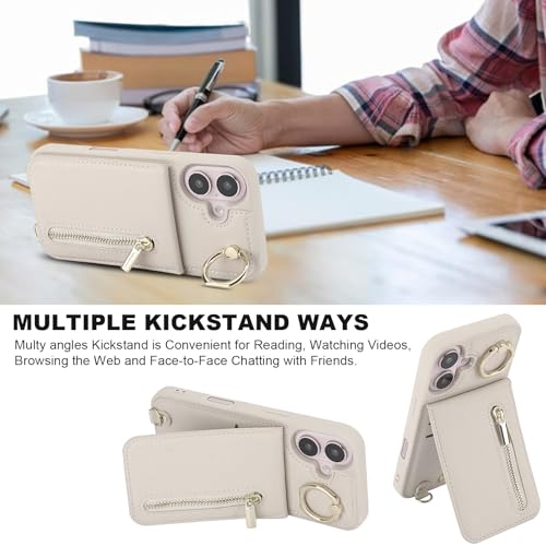 Crossbody Wallet Case for iPhone 17, with Card Slots Zipper Pocket Case, Flip Folio Purse RFID Blocking with Detachable Strap-Beige - color: Beige, size: iPhone 17(6.3")