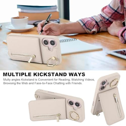 Crossbody Wallet Case for iPhone 17, with Card Slots Zipper Pocket Case, Flip Folio Purse RFID Blocking with Detachable Strap-Beige - color: Beige, size: iPhone 17(6.3")