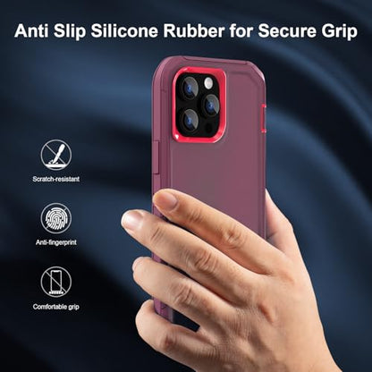 For iPhone 13 Pro Max Case with Full Body Protection, iPhone 12 Pro Max Case Heavy Duty Shockproof 3 in 1 Silicone Rubber with Hard PC Rugged Durable Phone Cover for 13ProMax 6.7 Inch. (Burgundy) - color: Burgundy/Peach