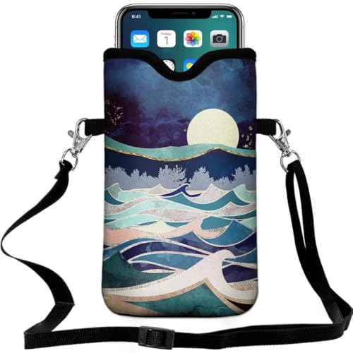 Cell Phone Sleeves Bag Case Crossbody Neoprene Holder Lanyard Phone Pouch for Women Men 7.5 X 4.5 Inches - Wave Moon - color: Wave Moon
