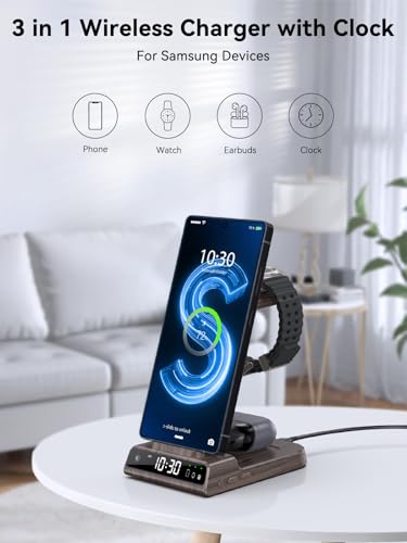 Wireless Charger for Samsung S25 with Clock 3 in 1 Android Charging Station - color: Wood Grain