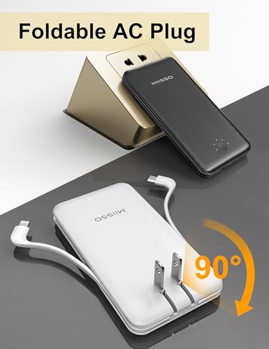 Ultra Slim 10000mAh Power Bank, Built-in Cables and AC Wall Plug, Black